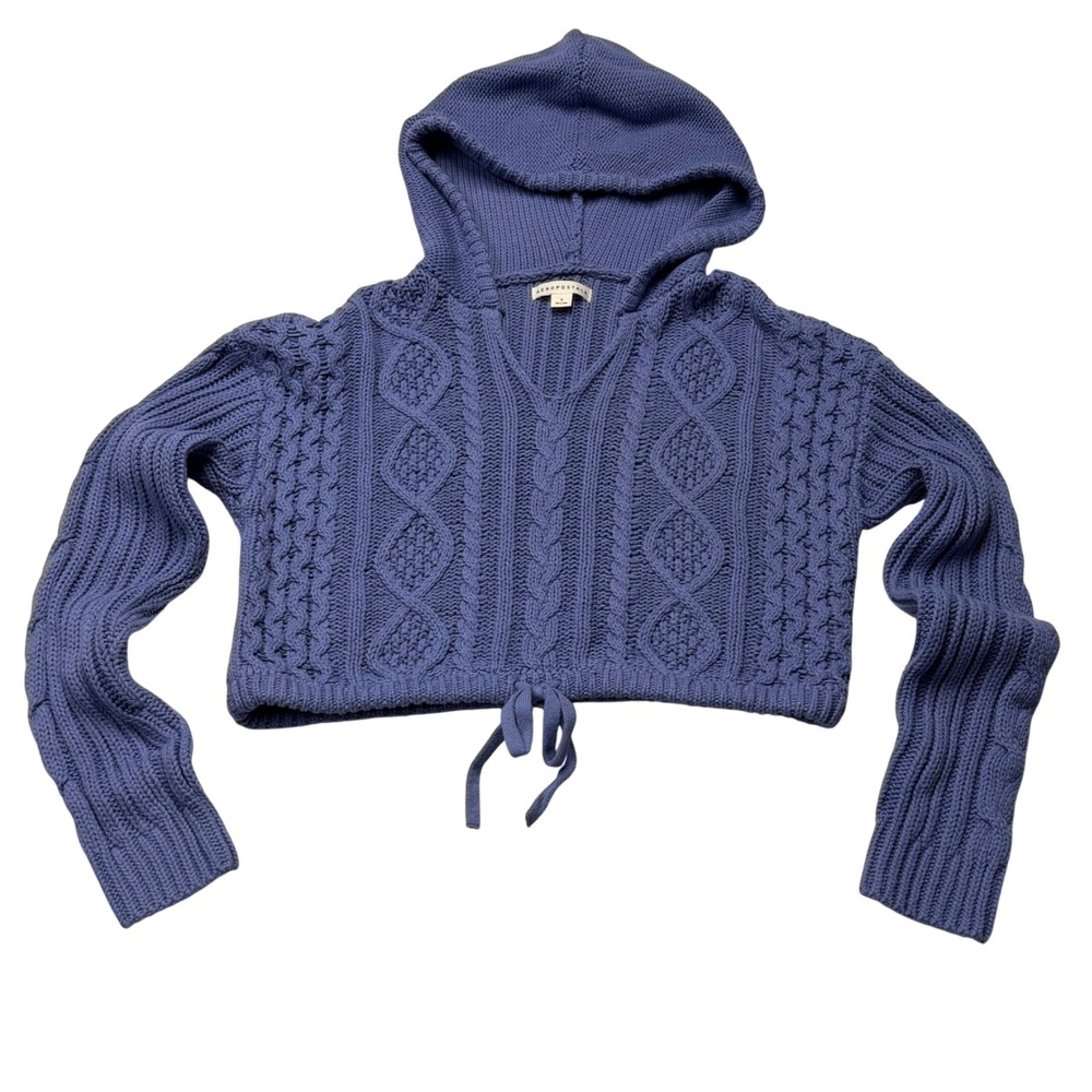 Aeropostale Womens Blue Cable Knit Cropped Hoodie Sweater Small Cottagecore